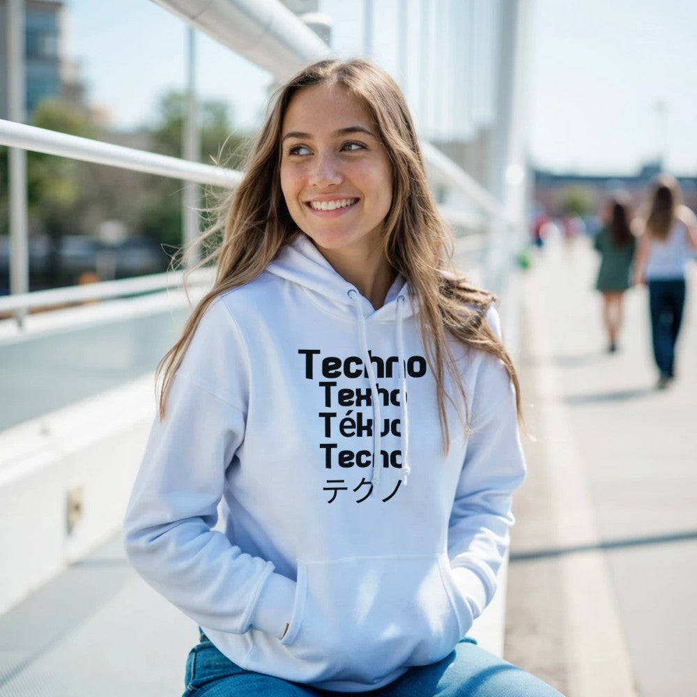 techno in different languages in a big bold black lettering - unisex rave hoodie - stomp - white