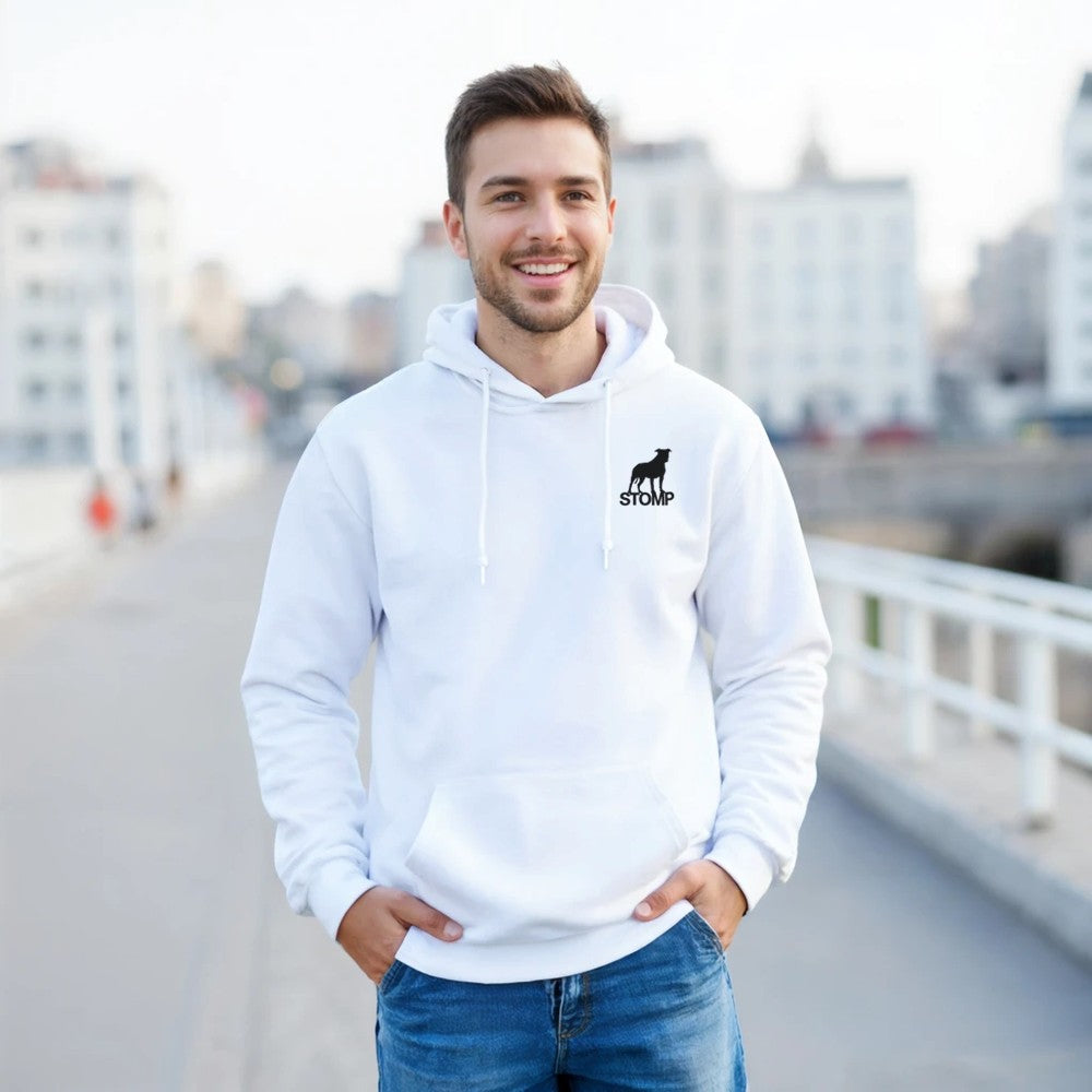 Unisex White hoodie for Adults – Music Festival Streetwear Rave Clothing – Techno, EDM, DJ Shirt - im the drum and bass father print on the back. Stomp brand