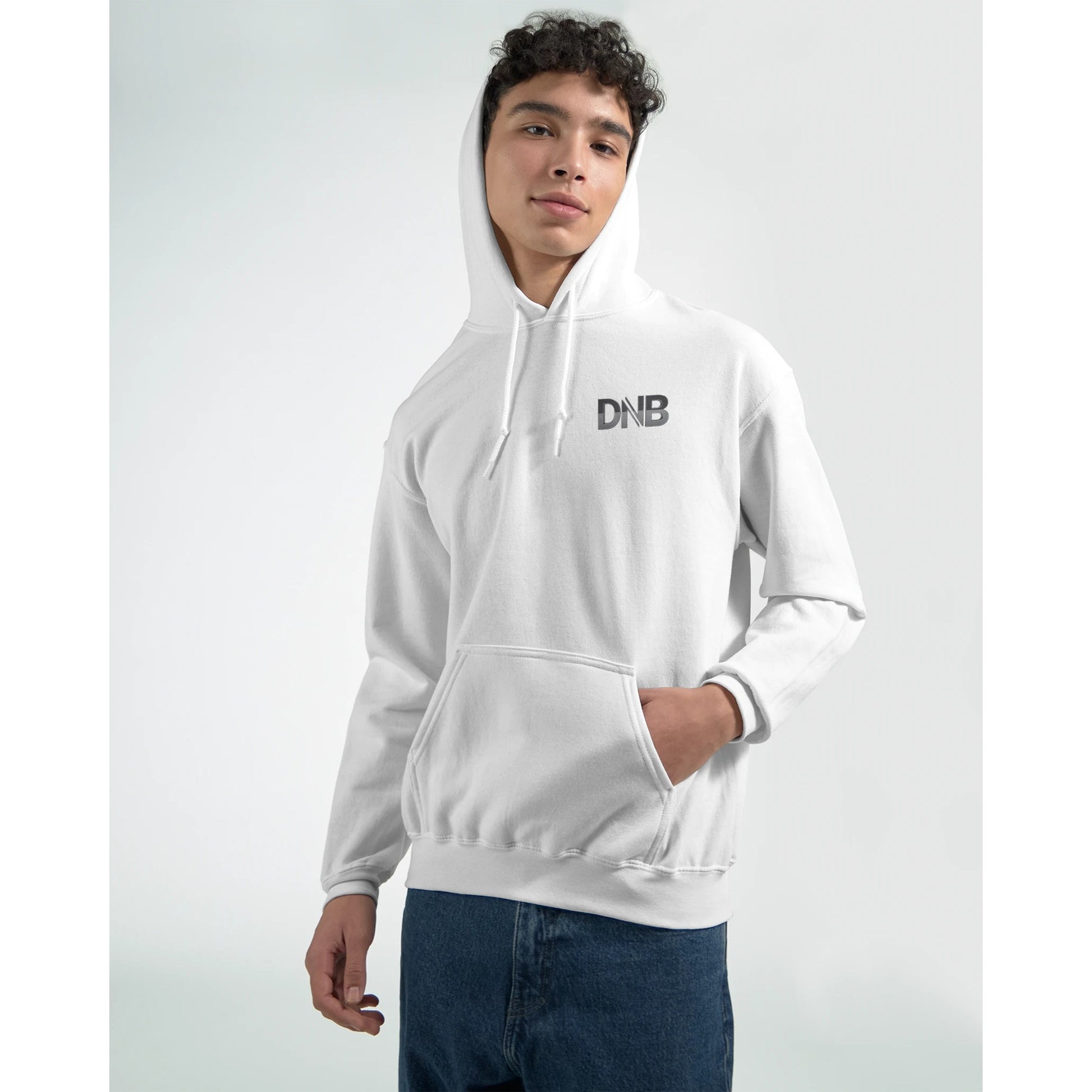 Person wearing a white hoodie with 'DNB' logo on a light gray background. Drum and bass