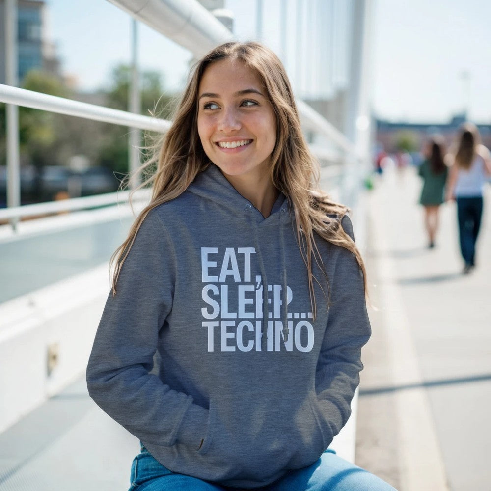 Unisex Grey Hoodie for Adults – Music Festival Streetwear Rave Clothing – Techno, EDM, DJ Shirt - Eat Sleep Techno print