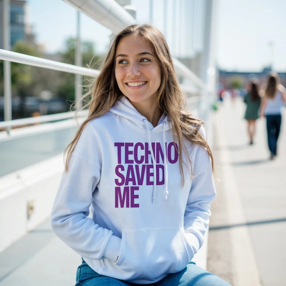 Techno saved me in big bold pink lettering - unisex rave hoodie - white