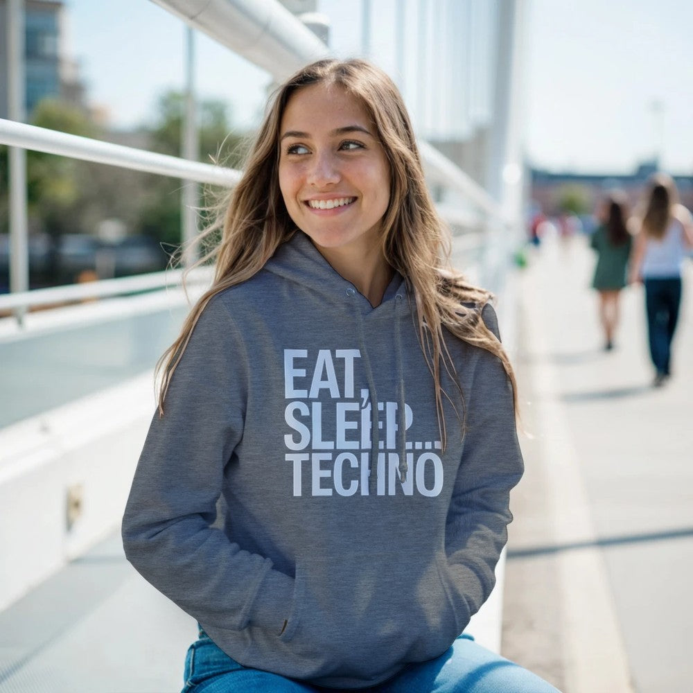 Unisex Grey Hoodie for Adults – Music Festival Streetwear Rave Clothing – Techno, EDM, DJ Shirt - Eat Sleep Techno print