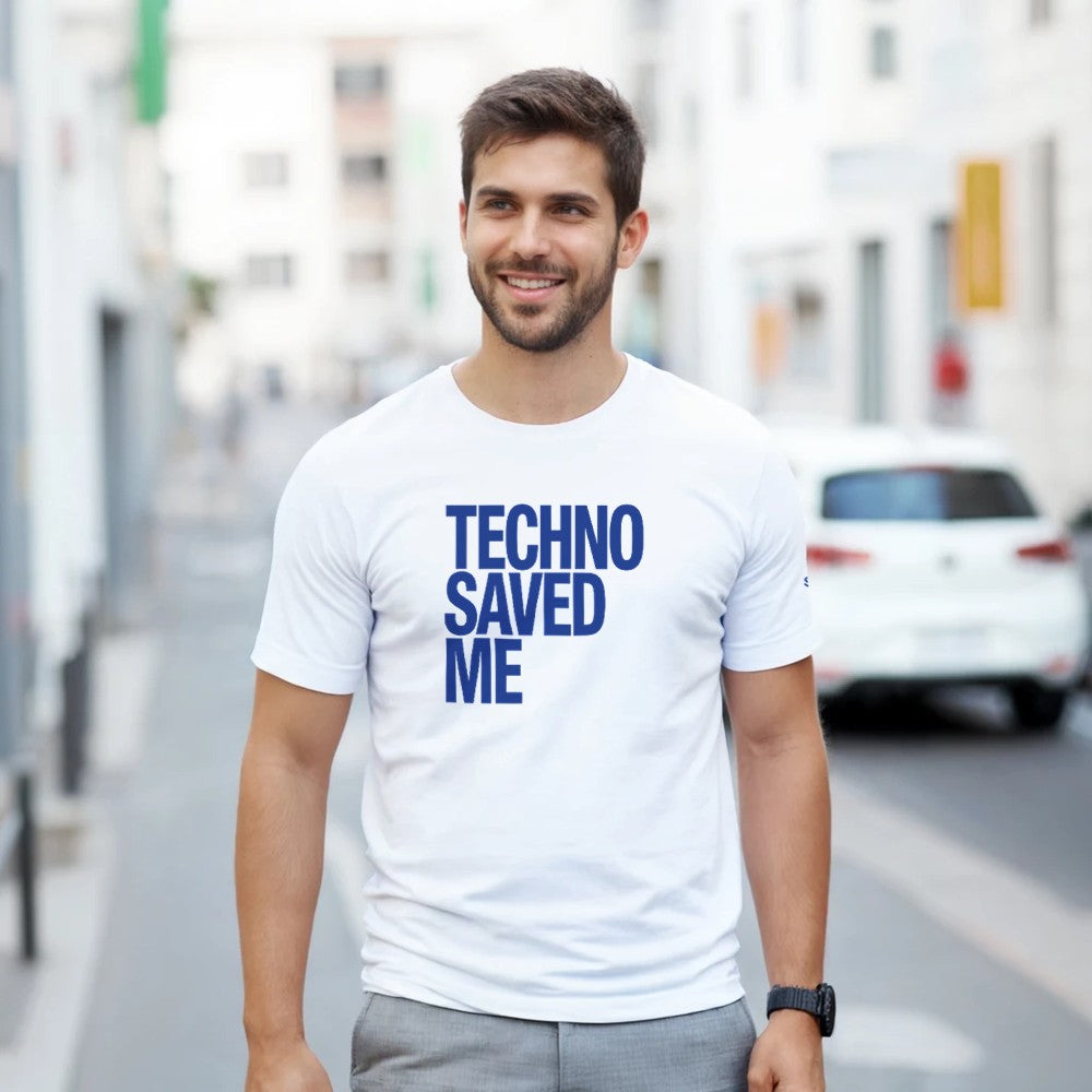 Techno Saved Me in big Blue bold font - unisex rave t-shirt - white