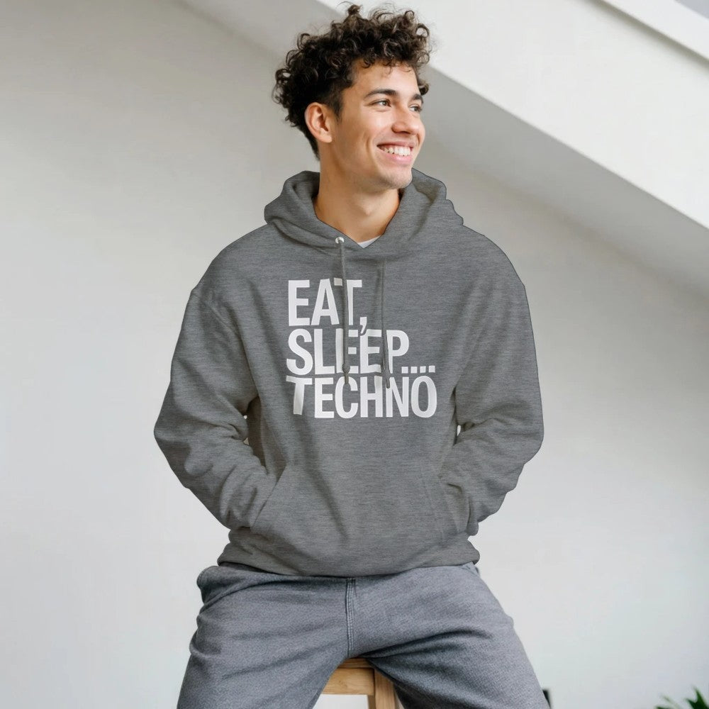 Unisex Grey Hoodie for Adults – Music Festival Streetwear Rave Clothing – Techno, EDM, DJ Shirt - Eat Sleep Techno print