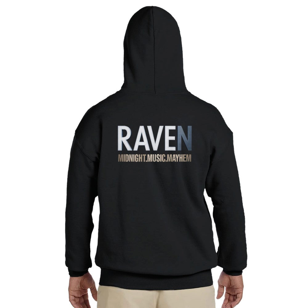 Unisex Black hoodie for Adults – Music Festival Streetwear Rave Clothing – Techno, EDM, DJ Shirt - Raven midnight music mayhem print on the back. Stomp brand