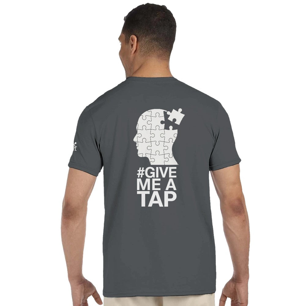 Unisex Grey T-shirt for Adults – Music Festival Streetwear Rave Clothing – Techno, EDM, DJ Shirt -  an image of a head made of puzzle pieces and the #give me a tap print