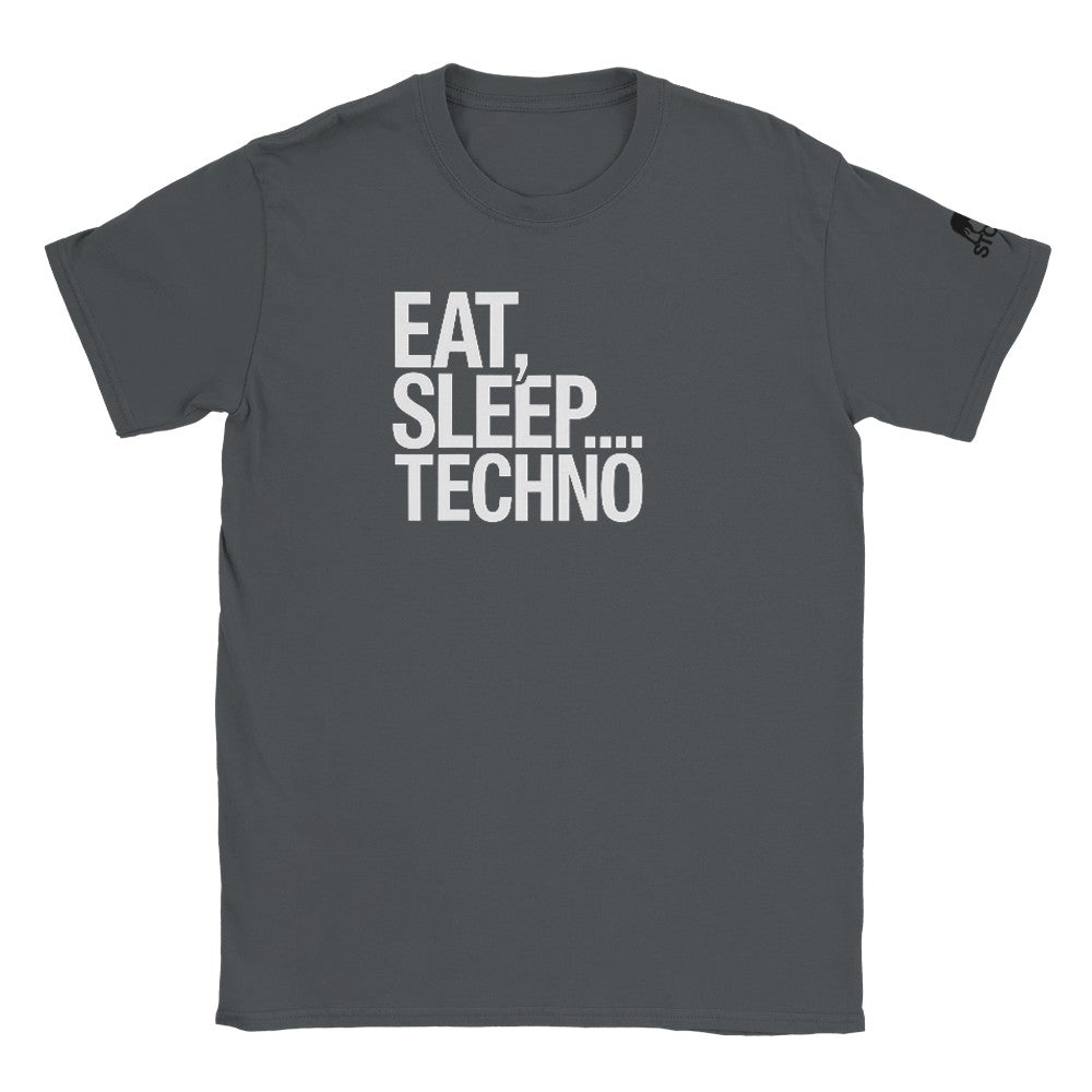 Unisex Grey T-shirt for Adults – Music Festival Streetwear Rave Clothing – Techno, EDM, DJ Shirt - Eat Sleep Techno print