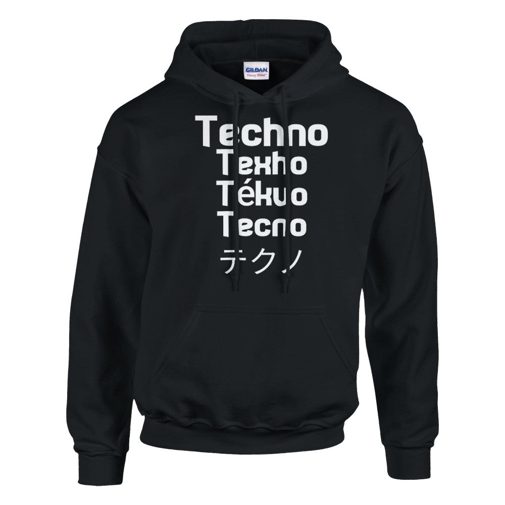 techno in different languages in a big bold white lettering - unisex rave hoodie - stomp - black