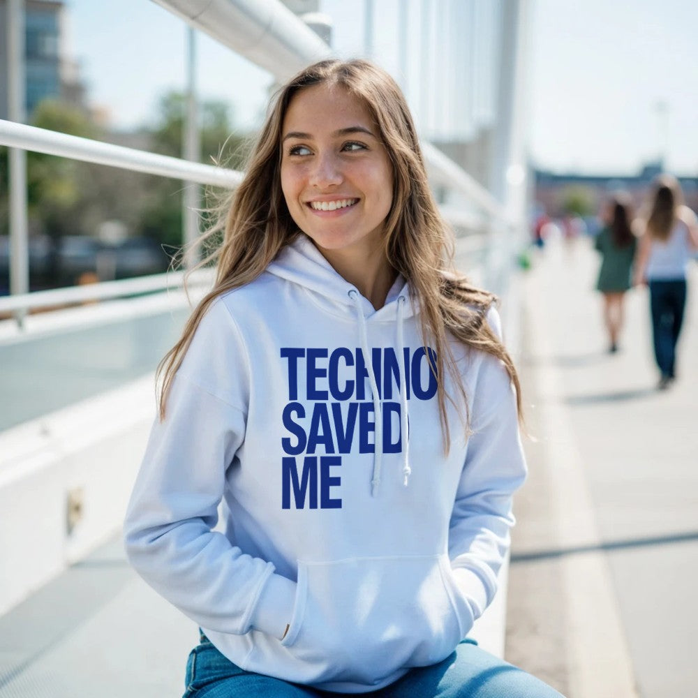 Techno Saved Me in big Blue bold font - unisex rave hoodie - white