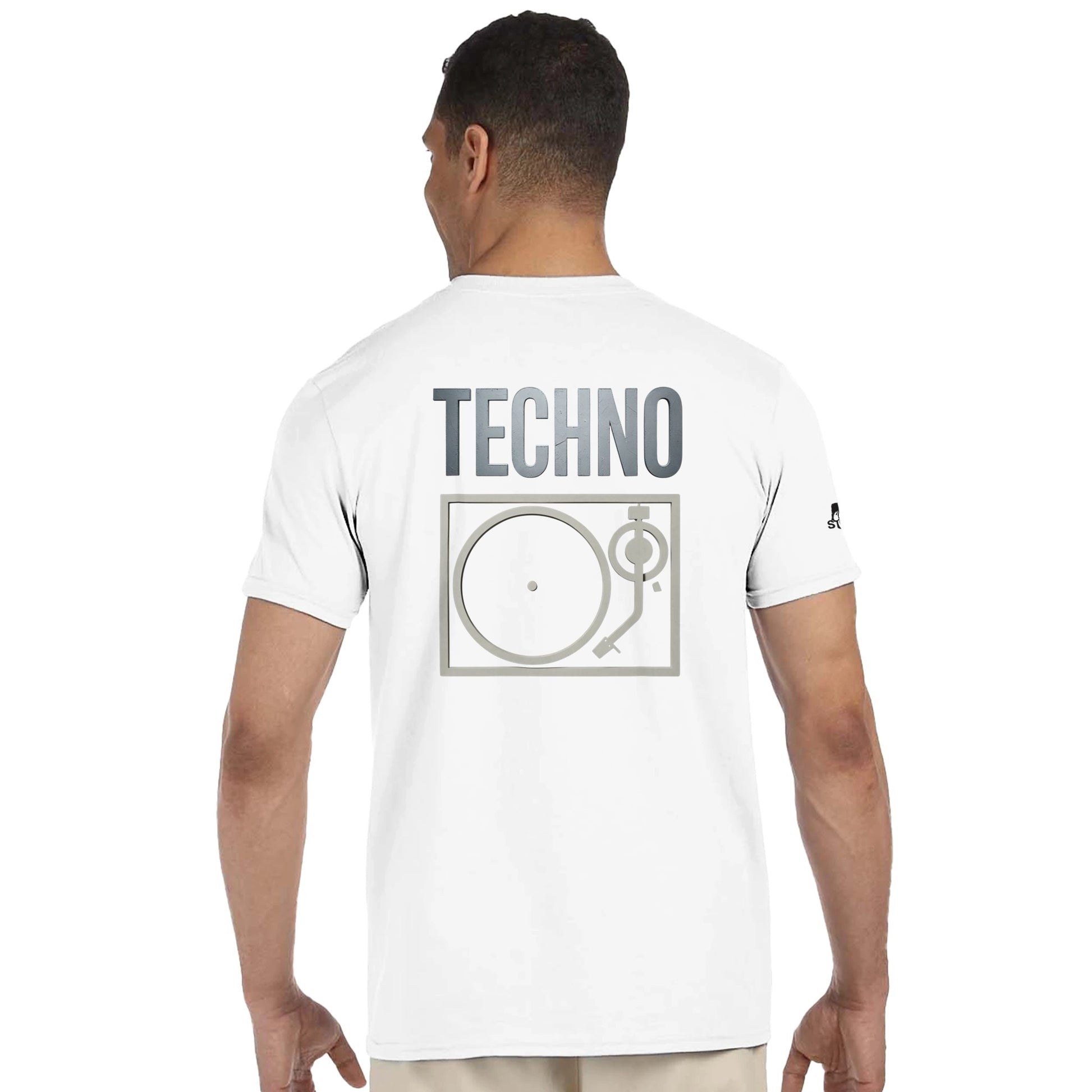 Unisex White T-shirt for Adults – Music Festival Streetwear Rave Clothing – Techno, EDM, DJ Shirt - Techno and turntable print