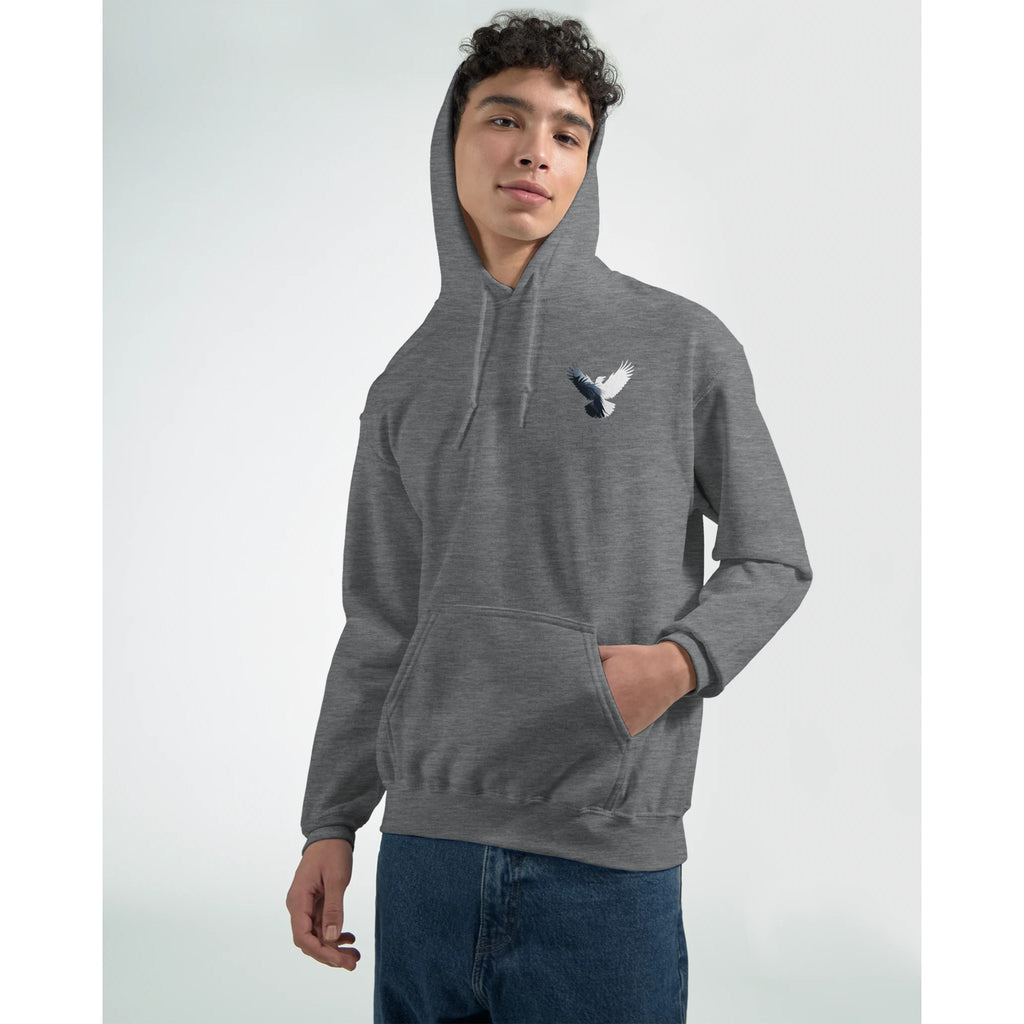 Person wearing a gray hoodie with a logo on a white background