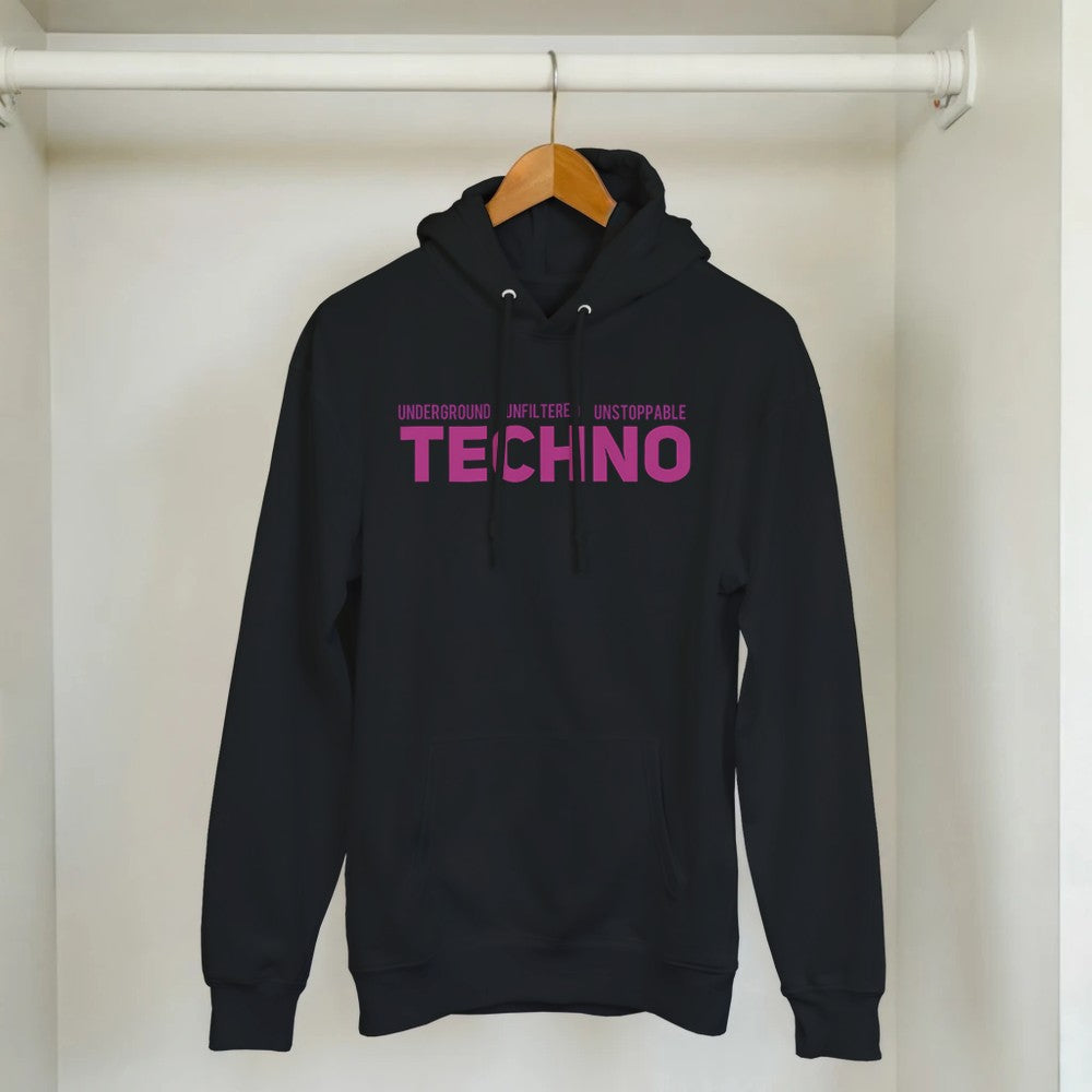 underground unfiltered unstoppable in big bold pink font - unisex techno rave stomp hoodie - black