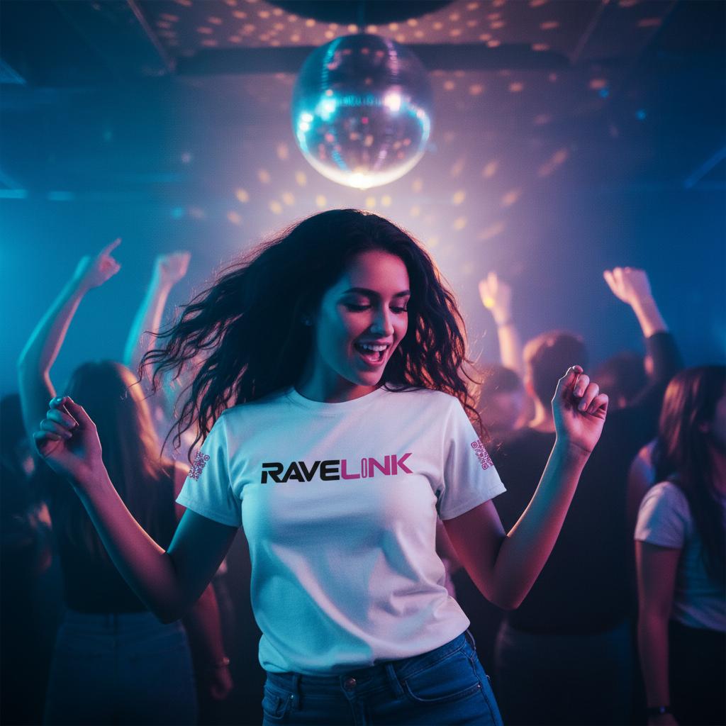 a white rave t-shirt with a pink font that is a custom Tiktok handle - custom QR Codes on each arm - RaveLink - a woman is dancing in a nightclub wearing the t-shirt
