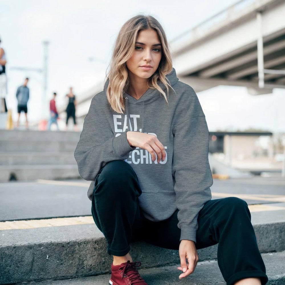Unisex Grey Hoodie for Adults – Music Festival Streetwear Rave Clothing – Techno, EDM, DJ Shirt - Eat Sleep Techno print
