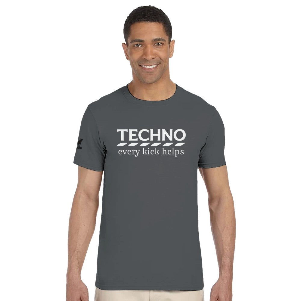 Unisex Charcoal T-shirt for Adults – Music Festival Streetwear Rave Clothing – Techno, EDM, DJ Shirt - The word techno every kick helps in the style of Tesco