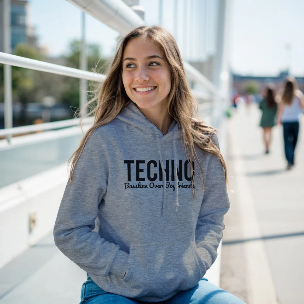 BASSLINE OVER BOYFRIENDS - FEMALE TECHNO RAVE HOODIE - GREY
