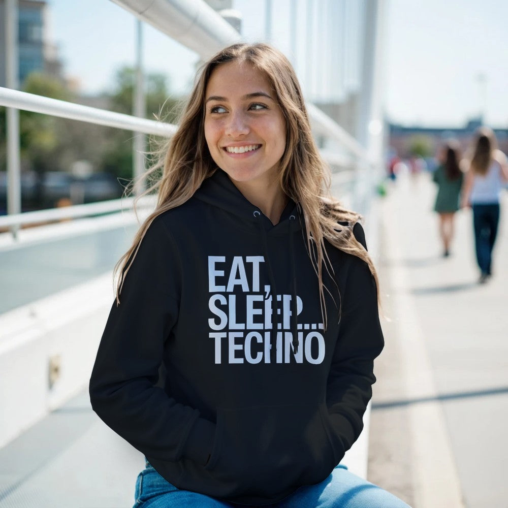 Unisex Black Hoodie for Adults – Music Festival Streetwear Rave Clothing – Techno, EDM, DJ Shirt - Eat Sleep Techno print