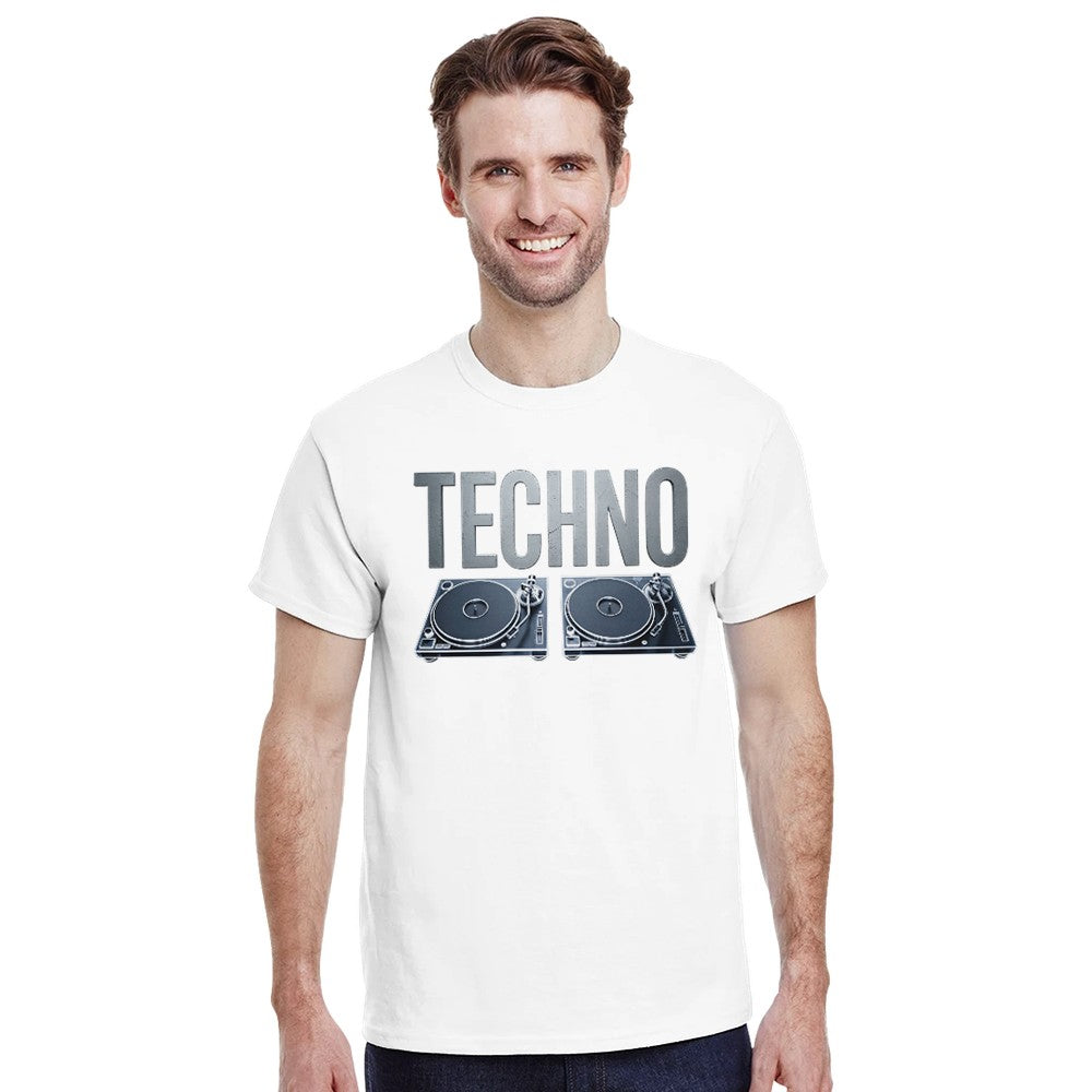 Unisex White T-shirt for Adults – Music Festival Streetwear Rave Clothing – Techno, EDM, DJ Shirt -  Techno with a turntable underneath