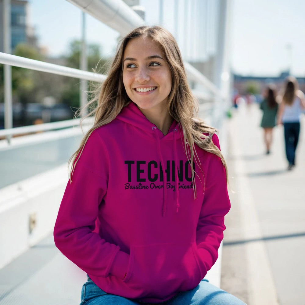 BASSLINE OVER BOYFRIENDS - FEMALE TECHNO RAVE HOODIE - PINK