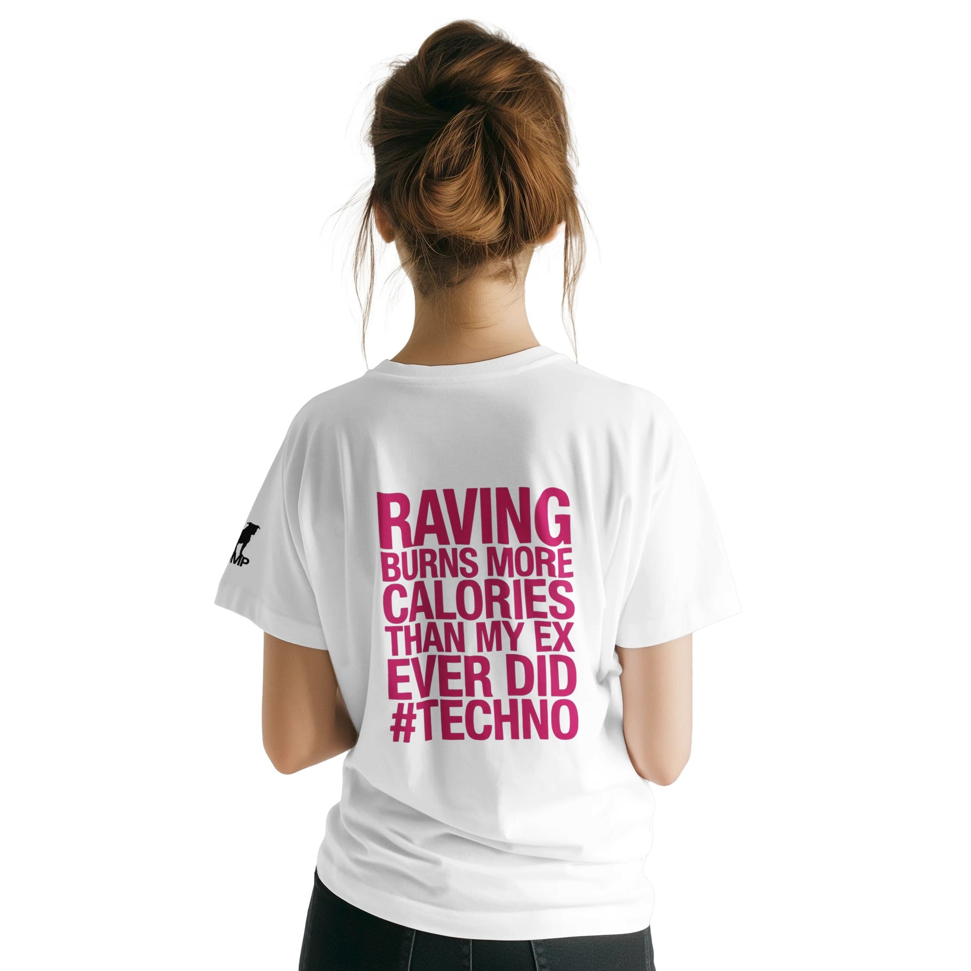 Unisex White tshirt for Adults – Music Festival Streetwear Rave Clothing – Techno, EDM, DJ Shirt - raving burns more calories than my ex ever did print