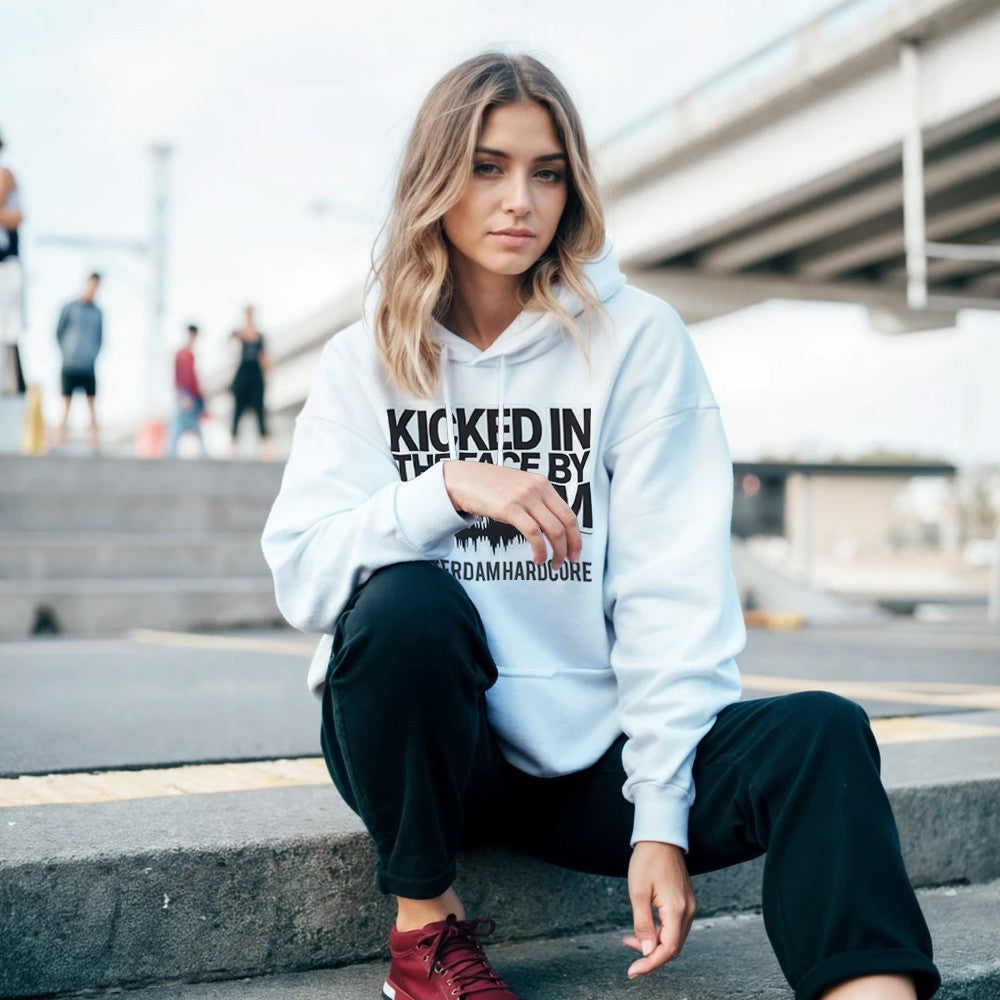 Kicked In The Face with 200bpm unisex hoodie - printed on the front - white