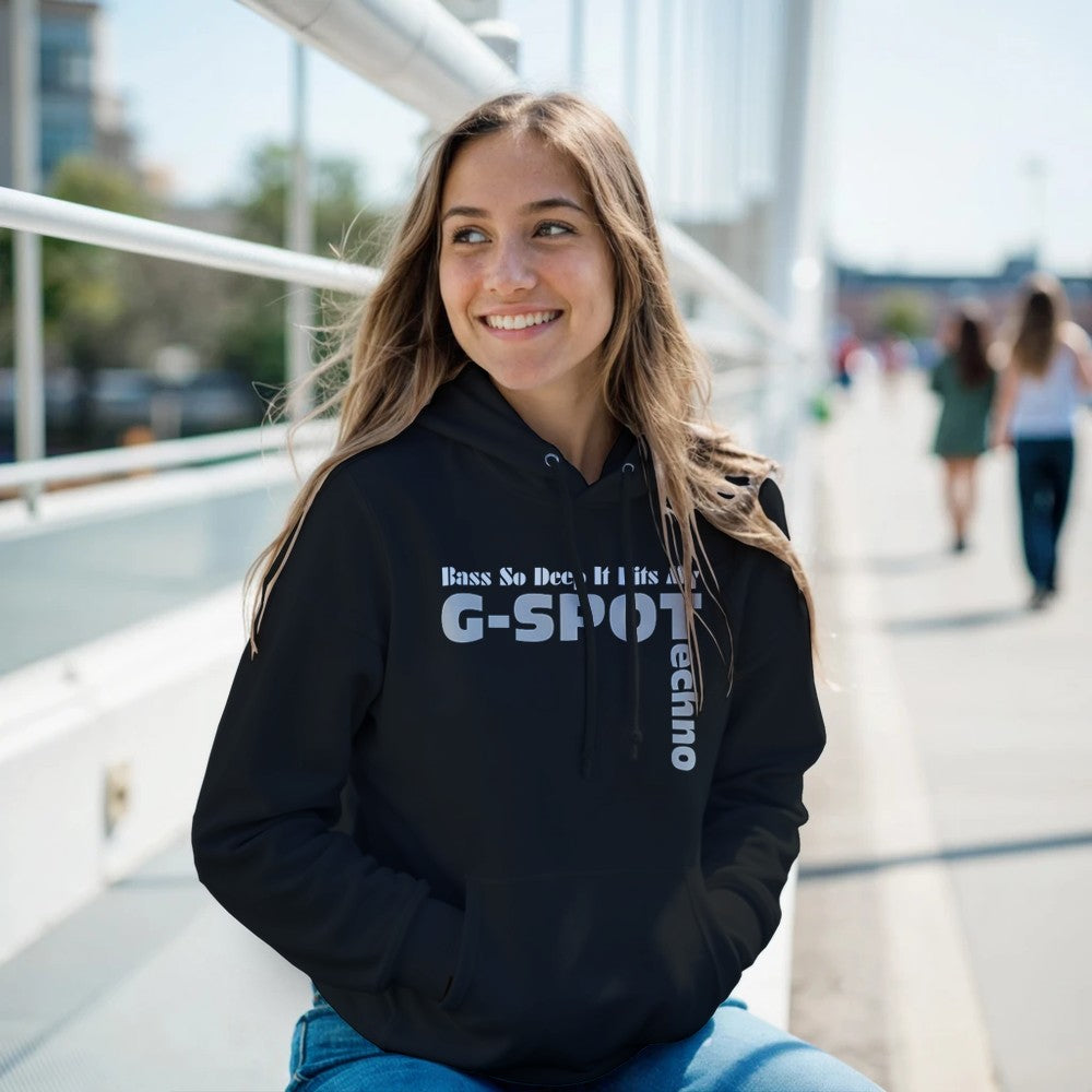 BASS SO LOW IT HITS MY G-SPOT - FEMALE TECHNO RAVE HOODIE - BLACK