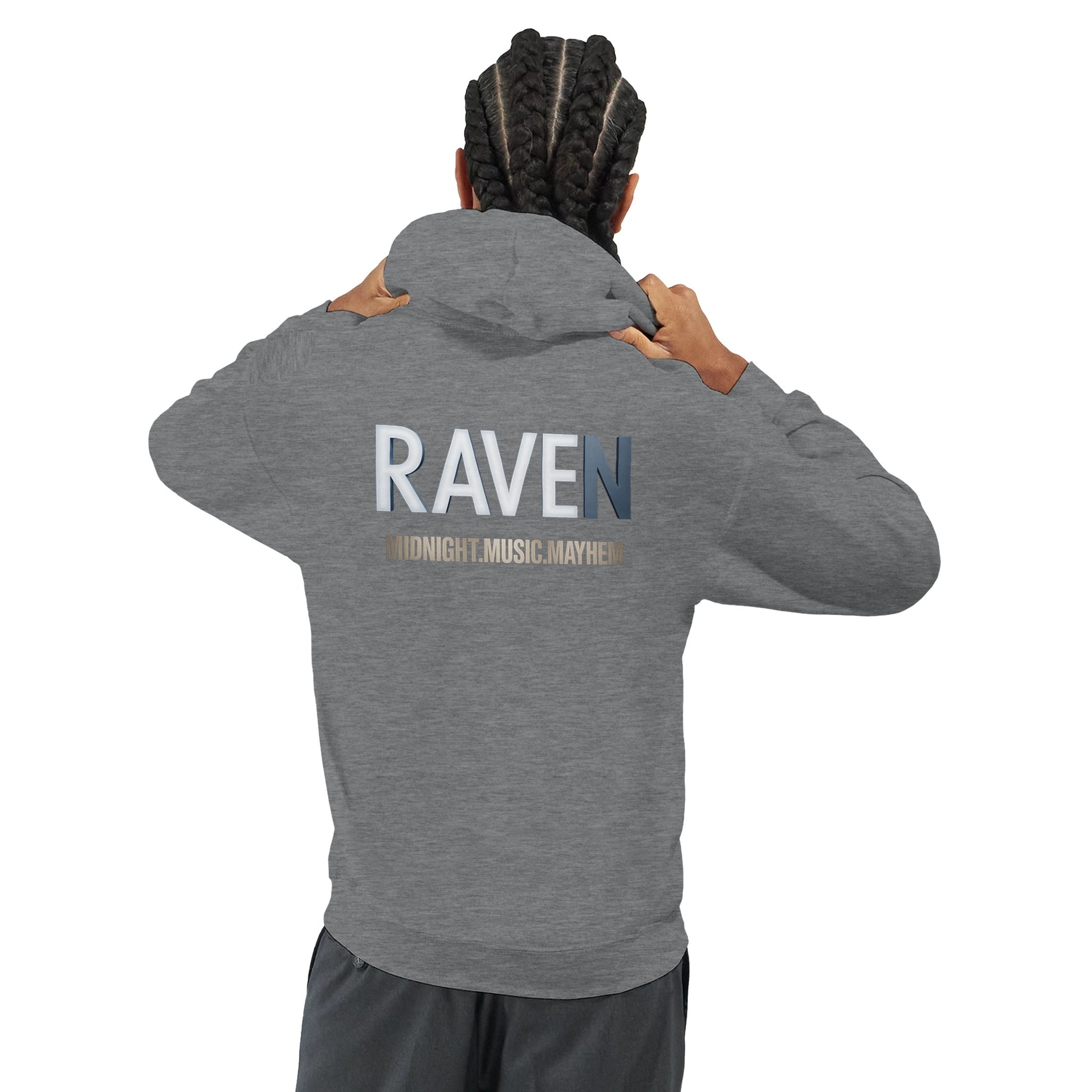 Unisex Grey Hoodie for Adults – Music Festival Streetwear Rave Clothing – Techno, EDM, DJ Shirt - Raven Midnight Music Masness print