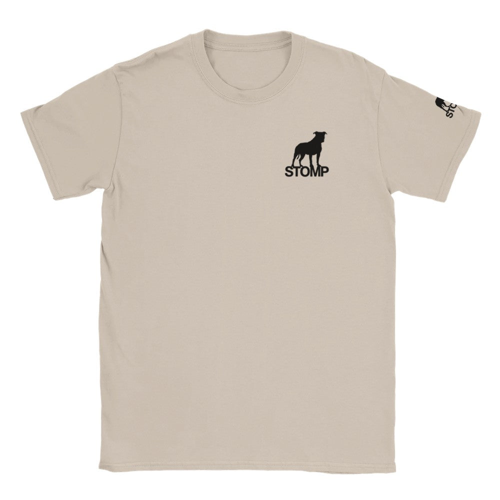 Beige t-shirt with black logo on a white background