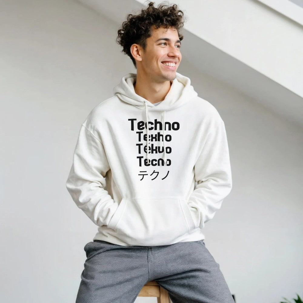techno in different languages in a big bold black lettering - unisex rave hoodie - stomp - white