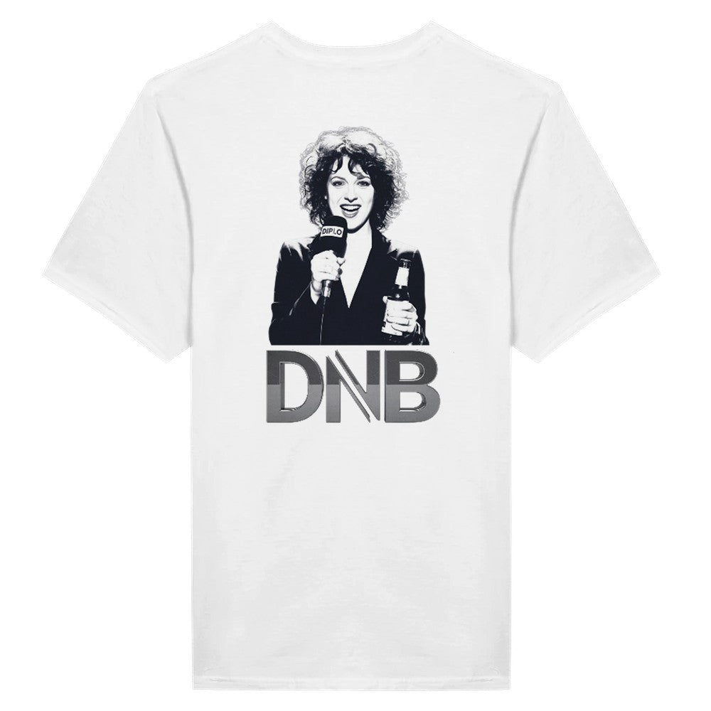 White t-shirt with a graphic of a person holding drinks and 'DNB' text on a white background