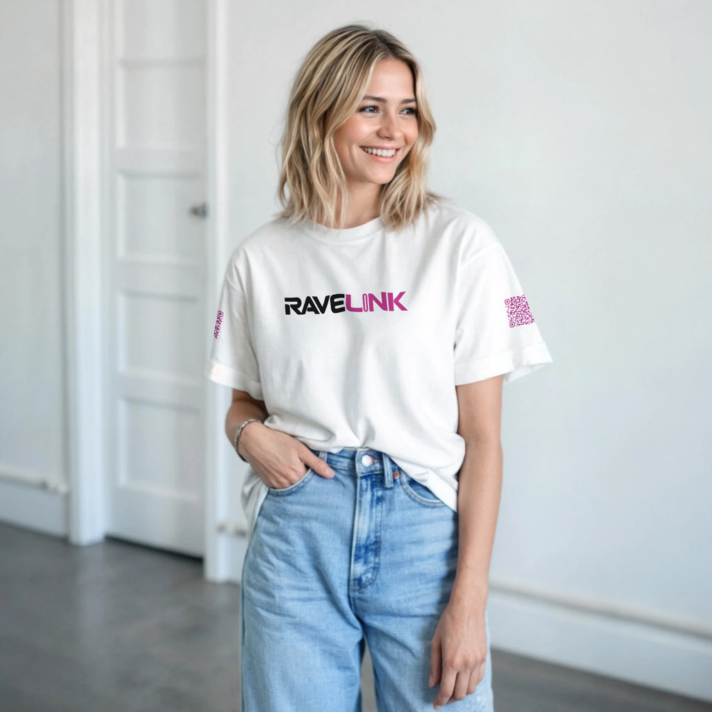 a white rave t-shirt with a pink font that is a custom Tiktok handle - custom QR Codes on each arm - RaveLink