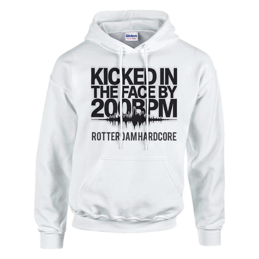 Kicked In The Face with 200bpm unisex hoodie - printed on the front - white