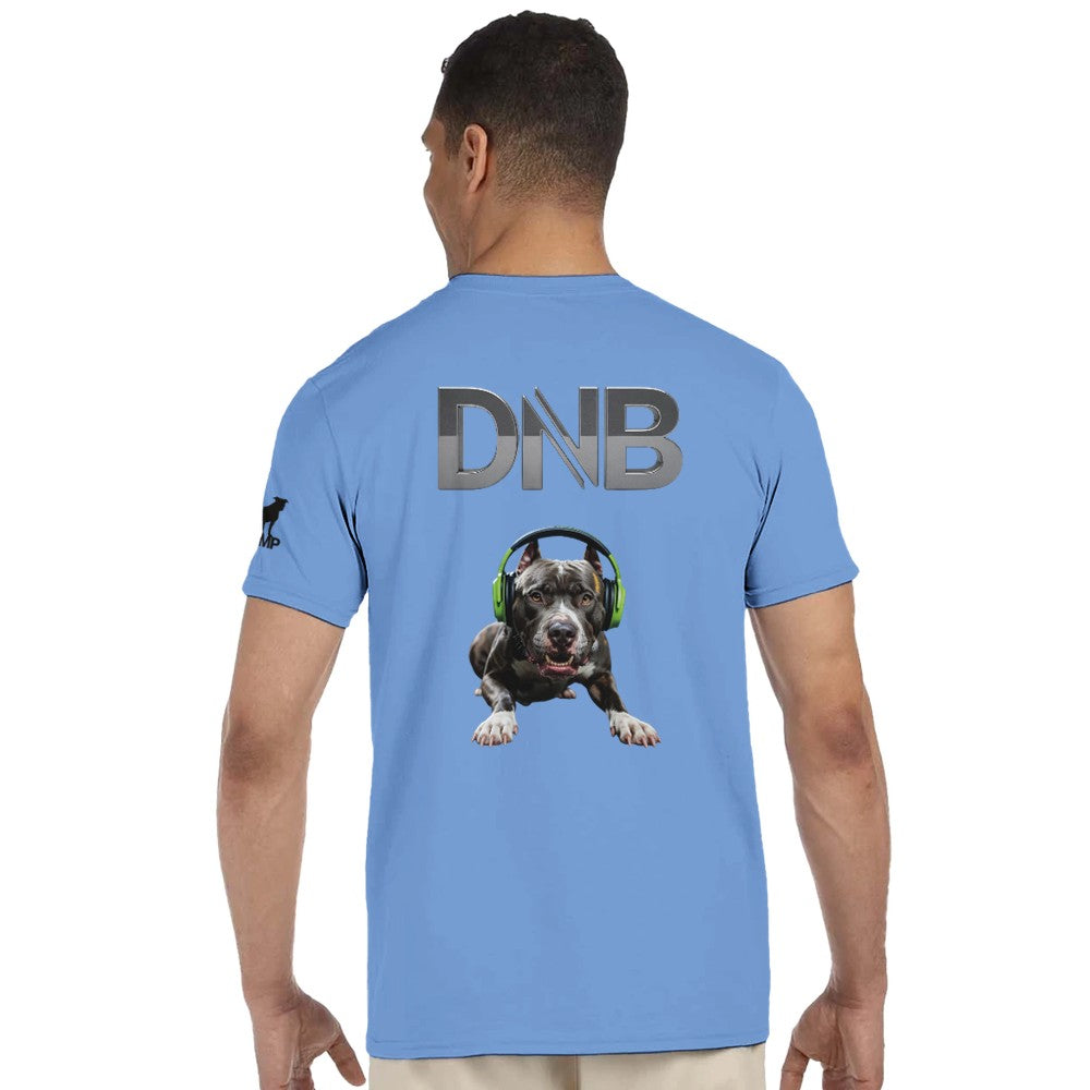 Unisex Blue tshirt for Adults – Music Festival Streetwear Rave Clothing – Techno, EDM, DJ Shirt - A dog wearing headphones listening to Drum and Bass music on the back