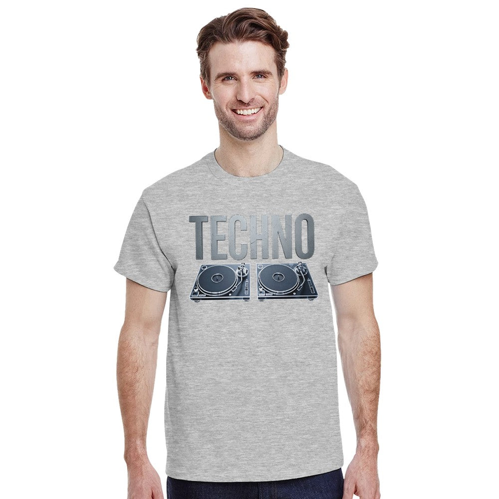 Unisex Grey T-shirt for Adults – Music Festival Streetwear Rave Clothing – Techno, EDM, DJ Shirt -  Techno with a turntable underneath