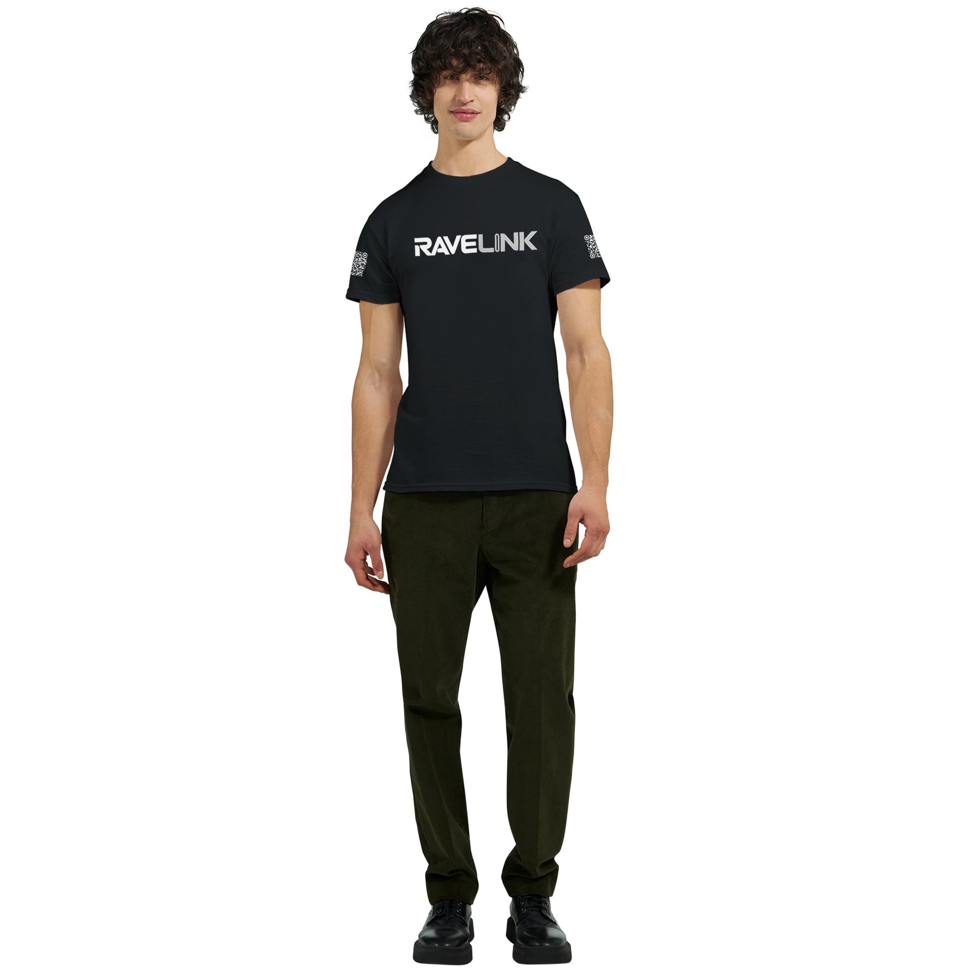 a black Rave t-shirt with a white custom Tiktok handle and custom QR codes on the arms of the shirt - RaveLink
