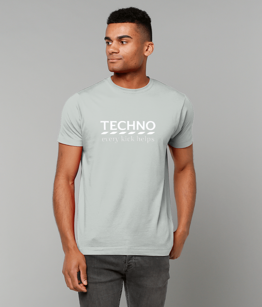 Unisex  ash grey T-shirt for Adults – Music Festival Streetwear Rave Clothing – Techno, EDM, DJ Shirt - techno every kick helps in the style of tesco print