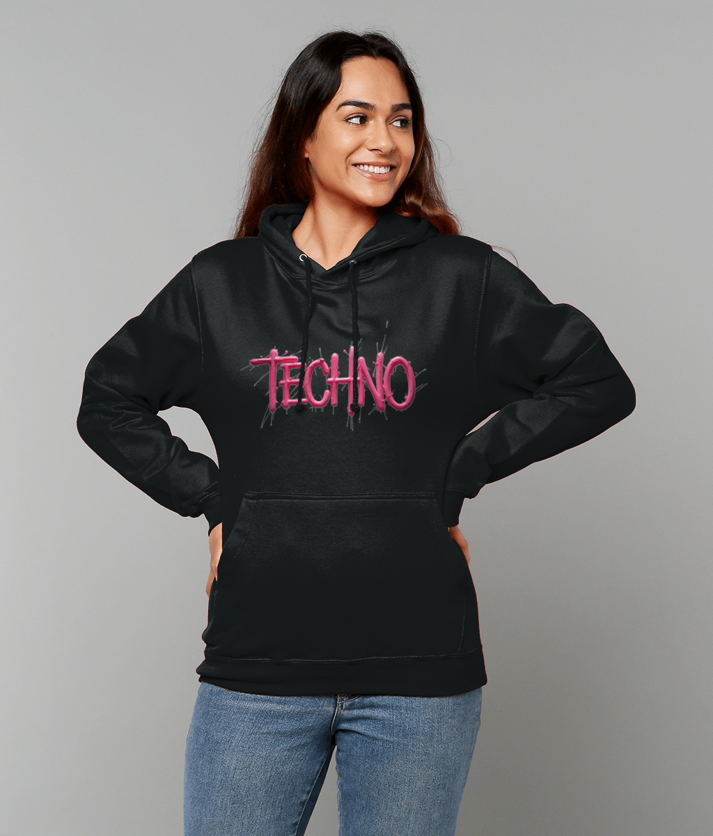 The word techno in pink - techno rave hoodie - Unisex - black