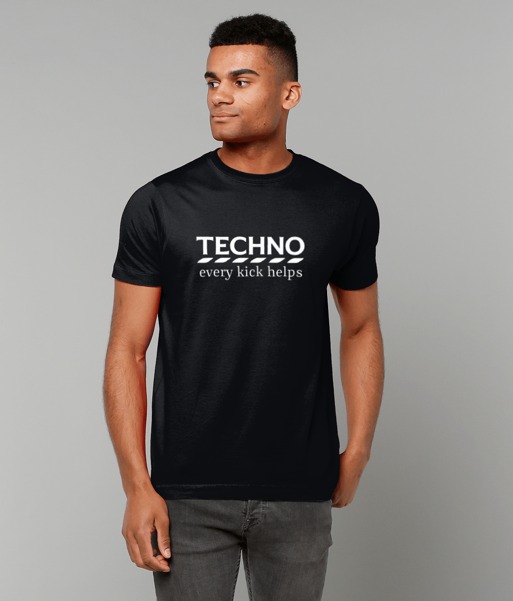 Unisex Black T-shirt for Adults – Music Festival Streetwear Rave Clothing – Techno, EDM, DJ Shirt - techno every kick helps in the style of tesco print