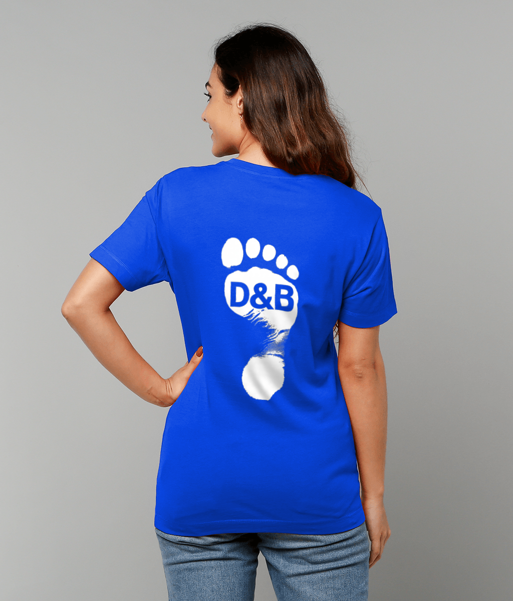 Unisex Blue T-shirt for Adults – Music Festival Streetwear Rave Clothing – Techno, EDM, DJ Shirt - drum and bass footprint print