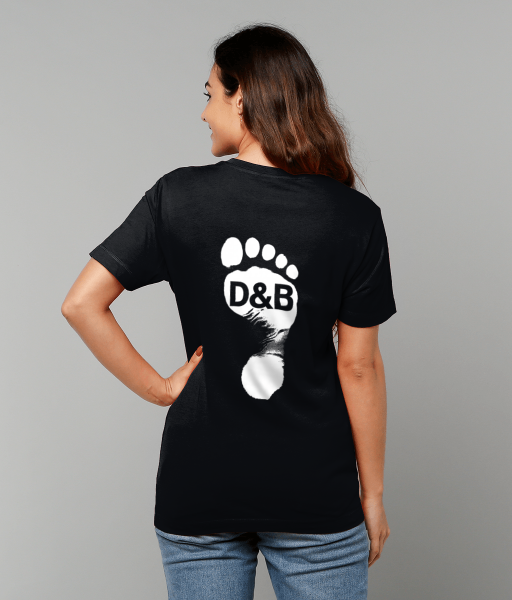 Unisex Black T-shirt for Adults – Music Festival Streetwear Rave Clothing – Techno, EDM, DJ Shirt - drum and bass footprint print