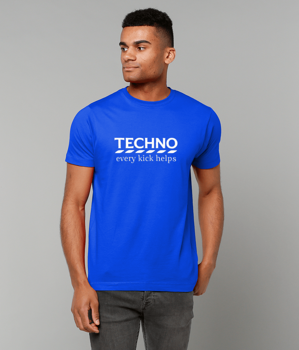 Unisex blue T-shirt for Adults – Music Festival Streetwear Rave Clothing – Techno, EDM, DJ Shirt - techno every kick helps in the style of tesco print