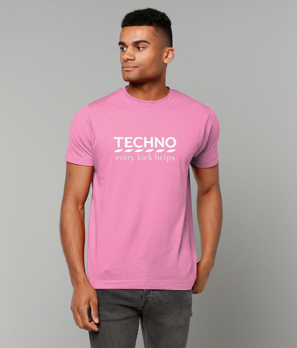 Unisex pink T-shirt for Adults – Music Festival Streetwear Rave Clothing – Techno, EDM, DJ Shirt - techno every kick helps in the style of tesco print