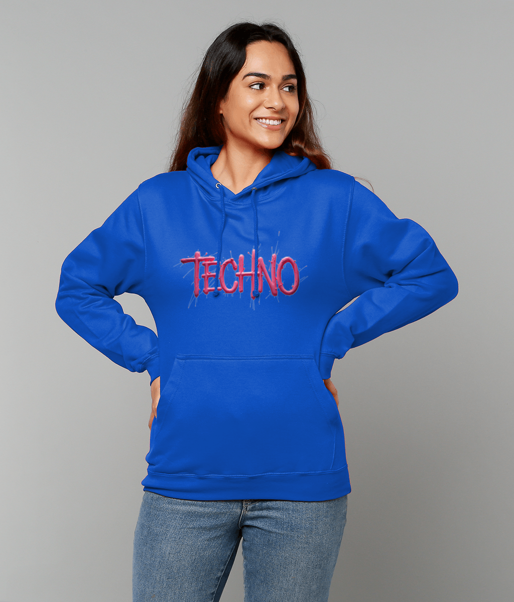 The word techno in pink - techno rave hoodie - Unisex - blue