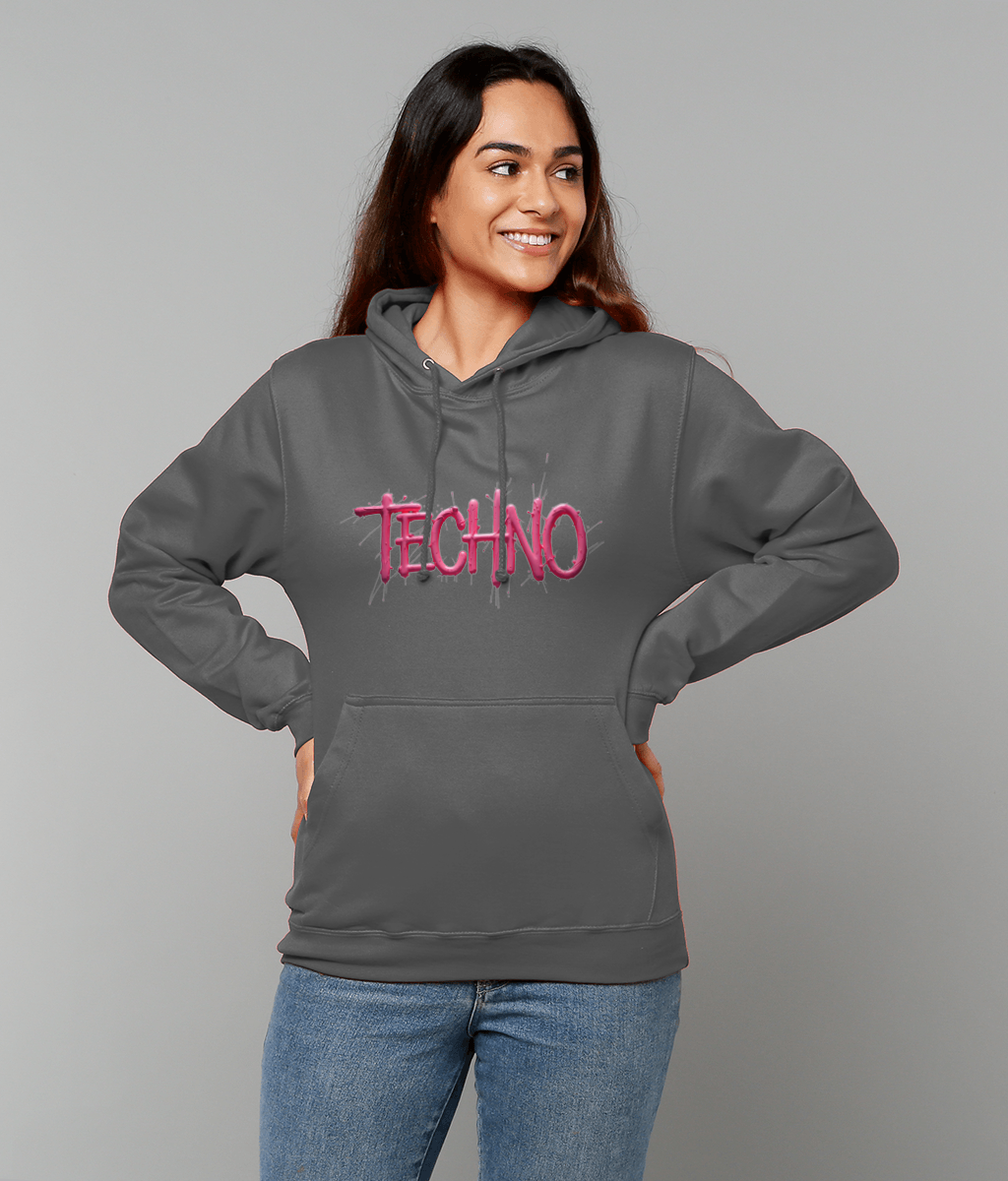 The word techno in pink - techno rave hoodie - Unisex - grey
