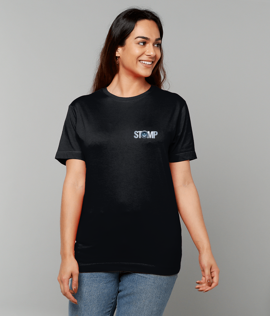 Woman wearing a black t-shirt with 'STOMP' logo on a gray background