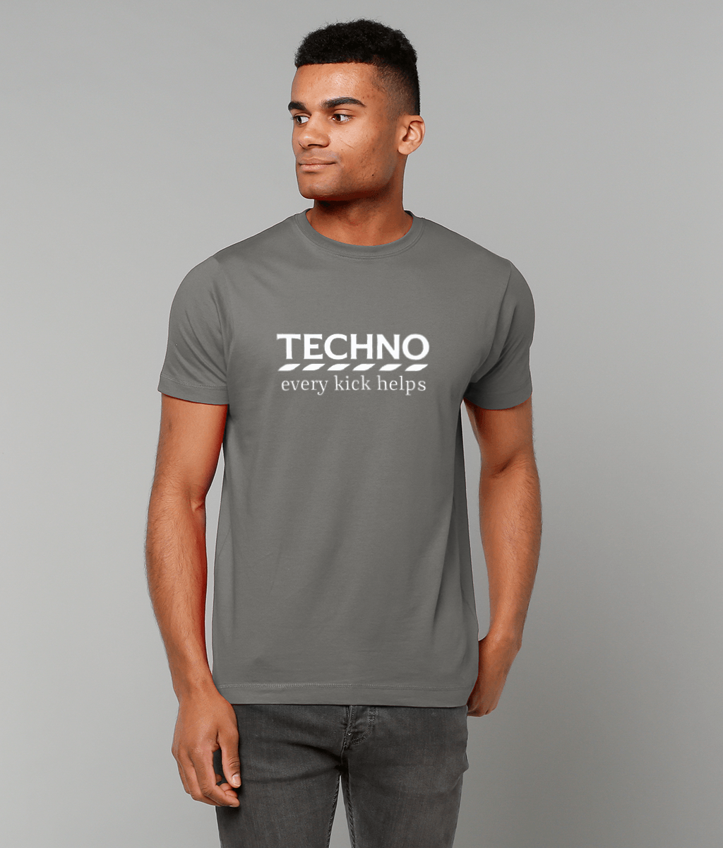 Unisex grey  T-shirt for Adults – Music Festival Streetwear Rave Clothing – Techno, EDM, DJ Shirt - techno every kick helps in the style of tesco print