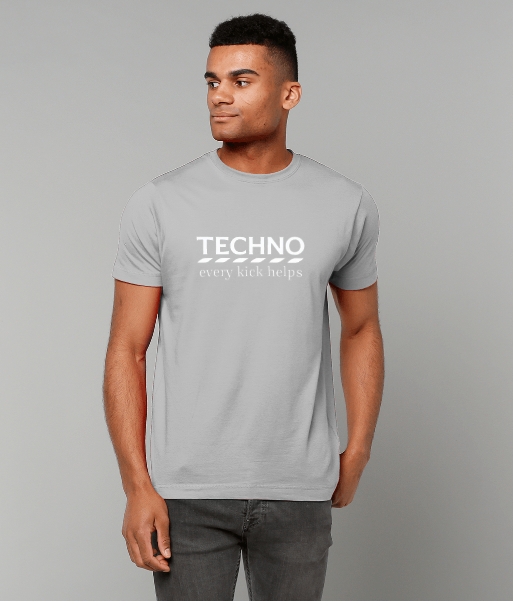 Unisex grey T-shirt for Adults – Music Festival Streetwear Rave Clothing – Techno, EDM, DJ Shirt - techno every kick helps in the style of tesco print