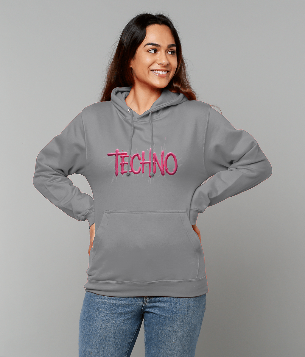 The word techno in pink - techno rave hoodie - Unisex - grey