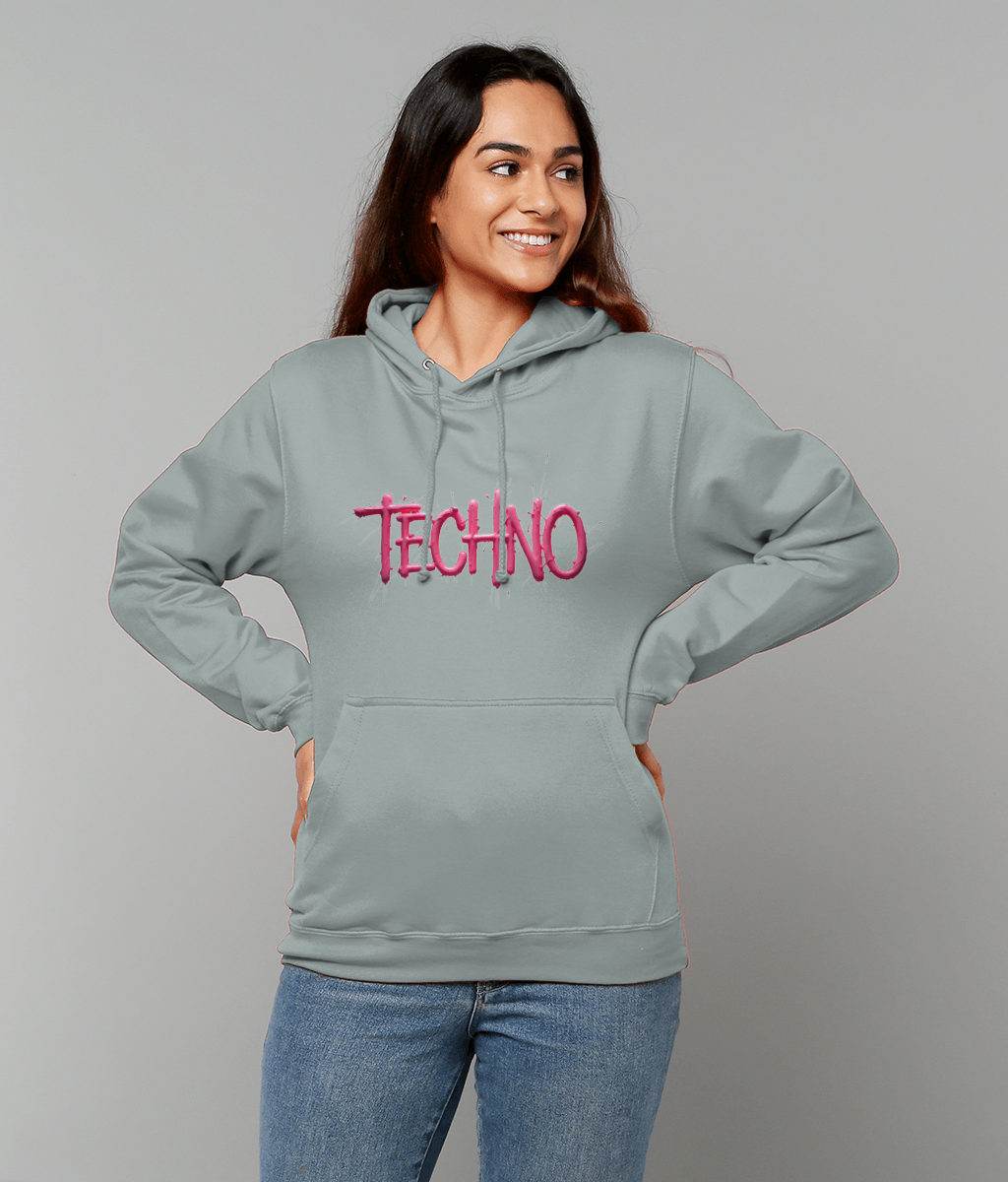 The word techno in pink - techno rave hoodie - Unisex - grey